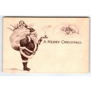 Santa Claus Christmas Postcard Saint Candle Kids In Bed 1909 E.B. Schofield